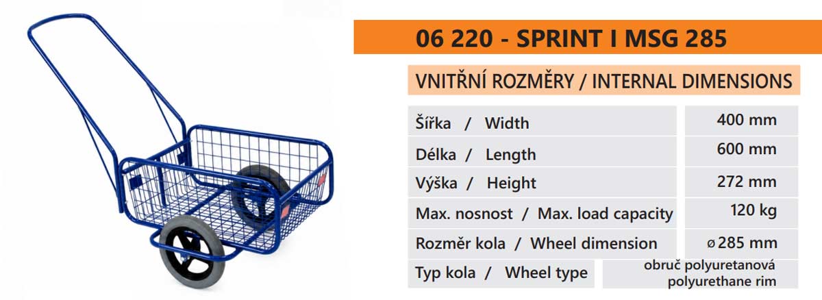 Dvoukolový vozík Massag SPRINT I. MSG 285 s polyuretanovými koly, nosnost 100 kg, kárka 06-220