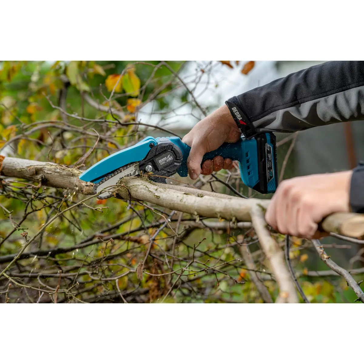 DEDRA SAS+ALL Sada - Aku mini řetězová pila 100 mm 2 Ah baterie, nabíječka DED7030A11, kufr