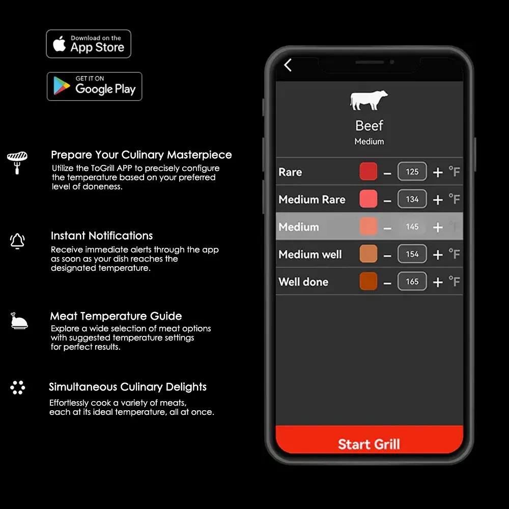 ToGrill bezdrátový teploměr WP03, do 120m Bluetooth, sonda do masa max. 100/300°C