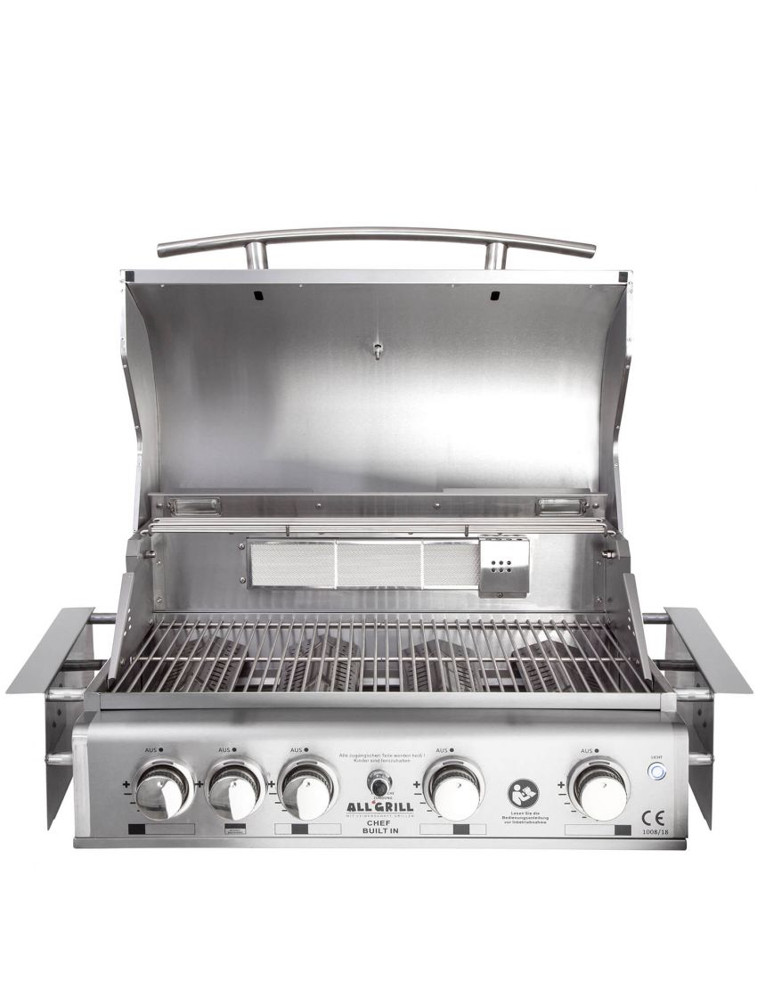 ALLGRILL Chef L Black 100729, vestavný plynový gril 17,5 kW, 4+1 hořák, zadní infra, Airsystem - nerez, černé víko