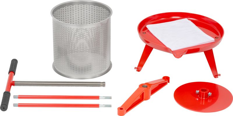 Strend Pro Mechanický kovový lis na ovoce a zeleninu s filtračním sáčkem (14 l), 234401 červený, nerezový válec