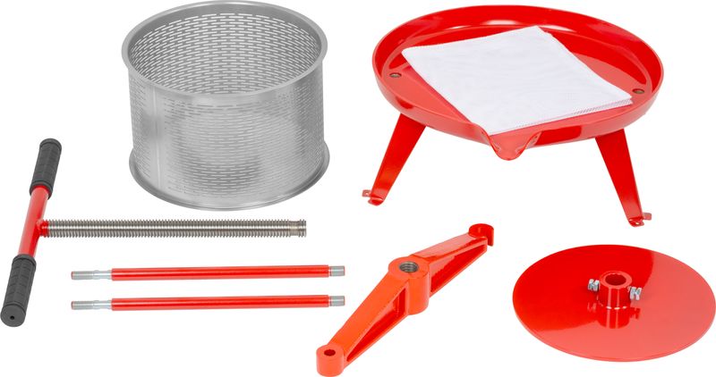 Strend Pro Mechanický kovový lis na ovoce a zeleninu s filtračním sáčkem (9 l), 234400 červený, nerezový válec