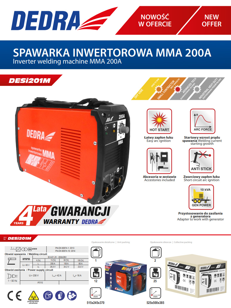 DEDRA Svářečka invertorová 200A iGBT MMA, Red SET kabely +helma DESI201M 4R záruka