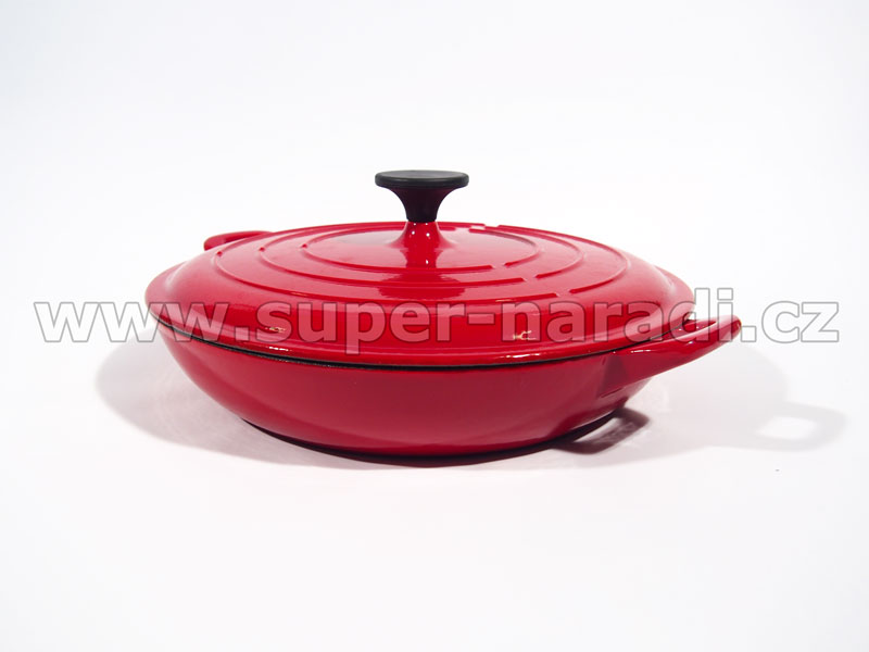 Smaltovaný litinový hrnec 32 cm, plochý, s pokličkou, červeno-bílý PWI 4522
