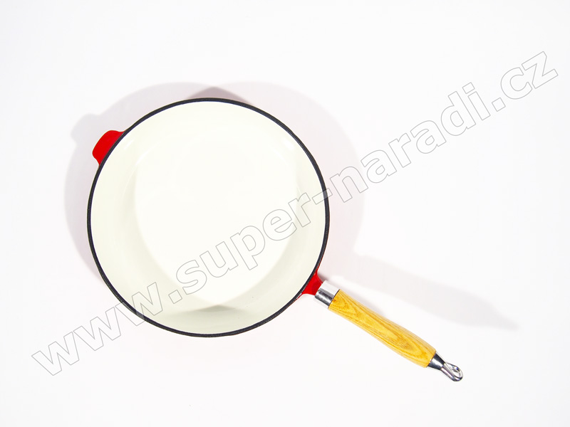 Litinová pánev 27 cm, smaltovaná, s dřevěnou rukojetí, červeno-bílá PWI 9736