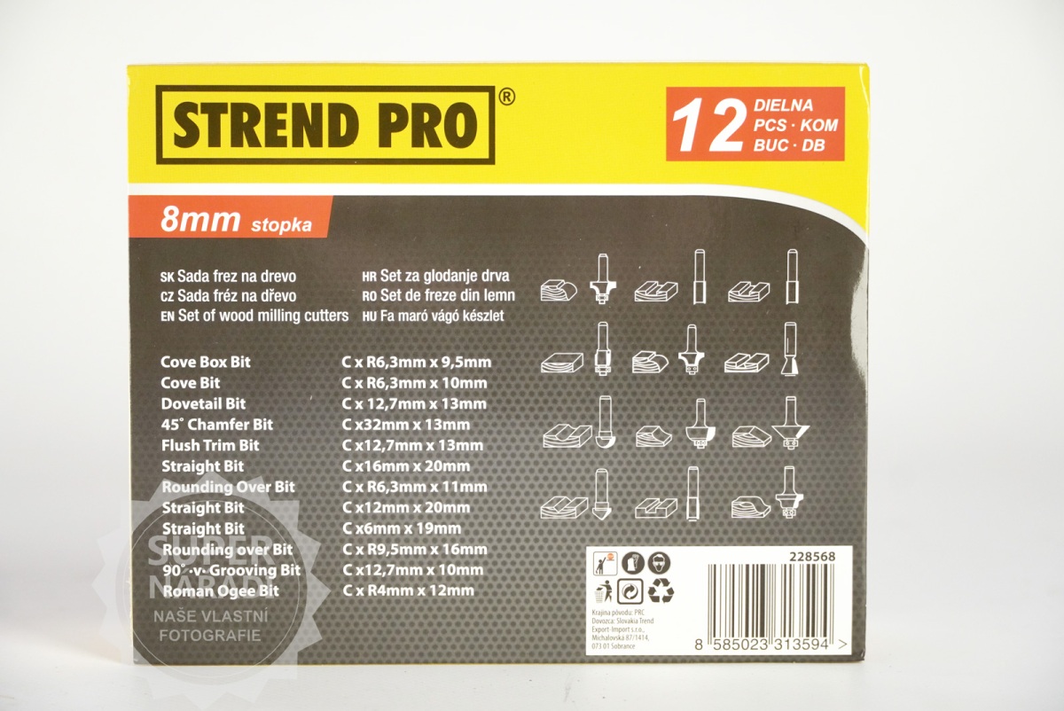 Sada fréz do dřeva 12 ks, stopka 8mm Strend Pro 228568