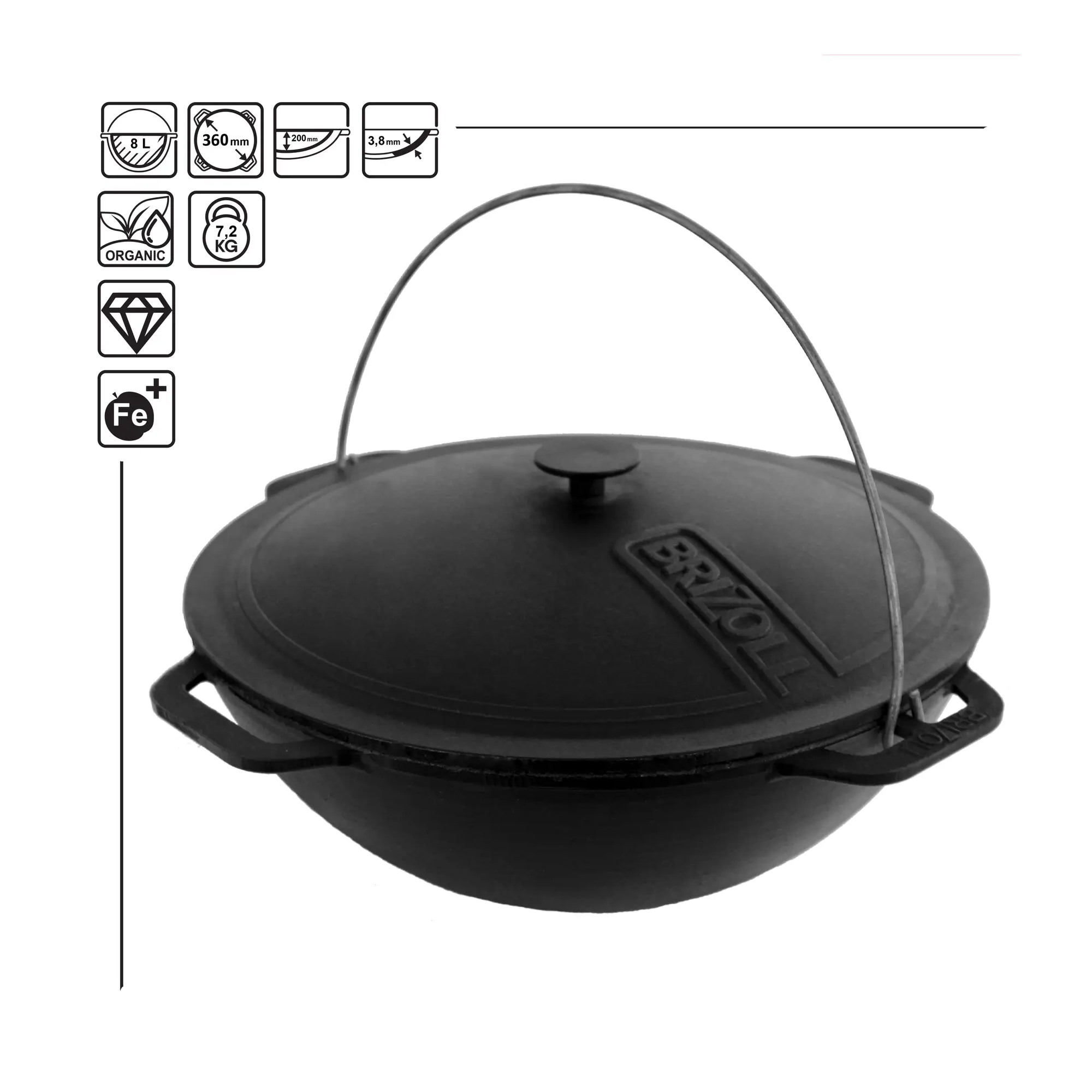 Litinový kotlík 36 cm, 8 l kazan + litinová poklice Brizoll KA08-1