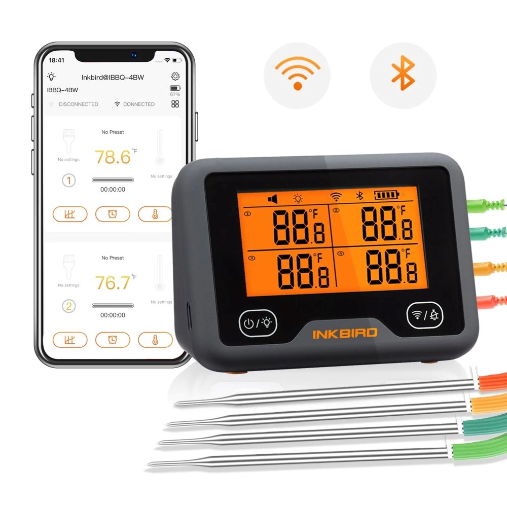 Grilovací teploměr Inkbird IBBQ-4BW, WiFi 2,4 Ghz +Bluetooth do 50m, 4 drátové sondy
