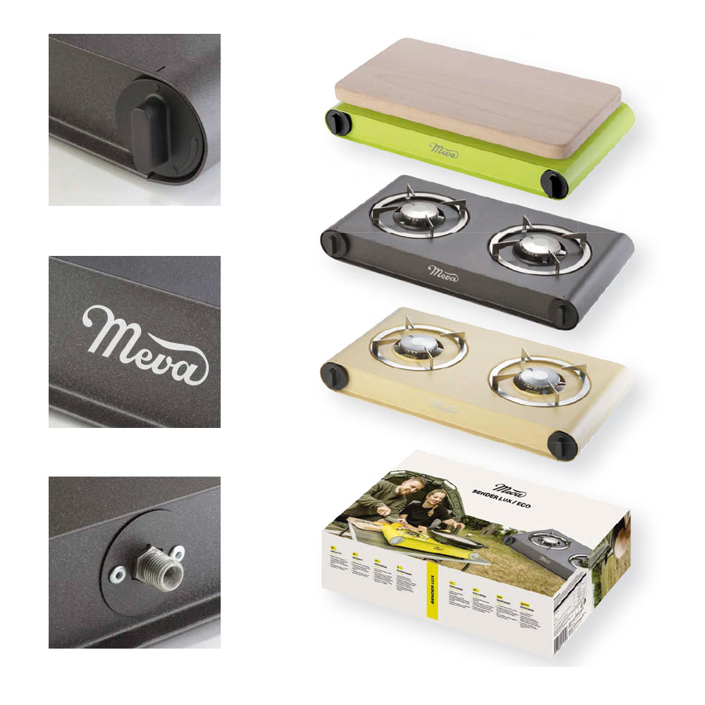 Meva Bender LUX plynový vařič PB 2x 1,5 kW, 2313-3 piezo, termopojistka, prkénko - nízkotlaký, černý