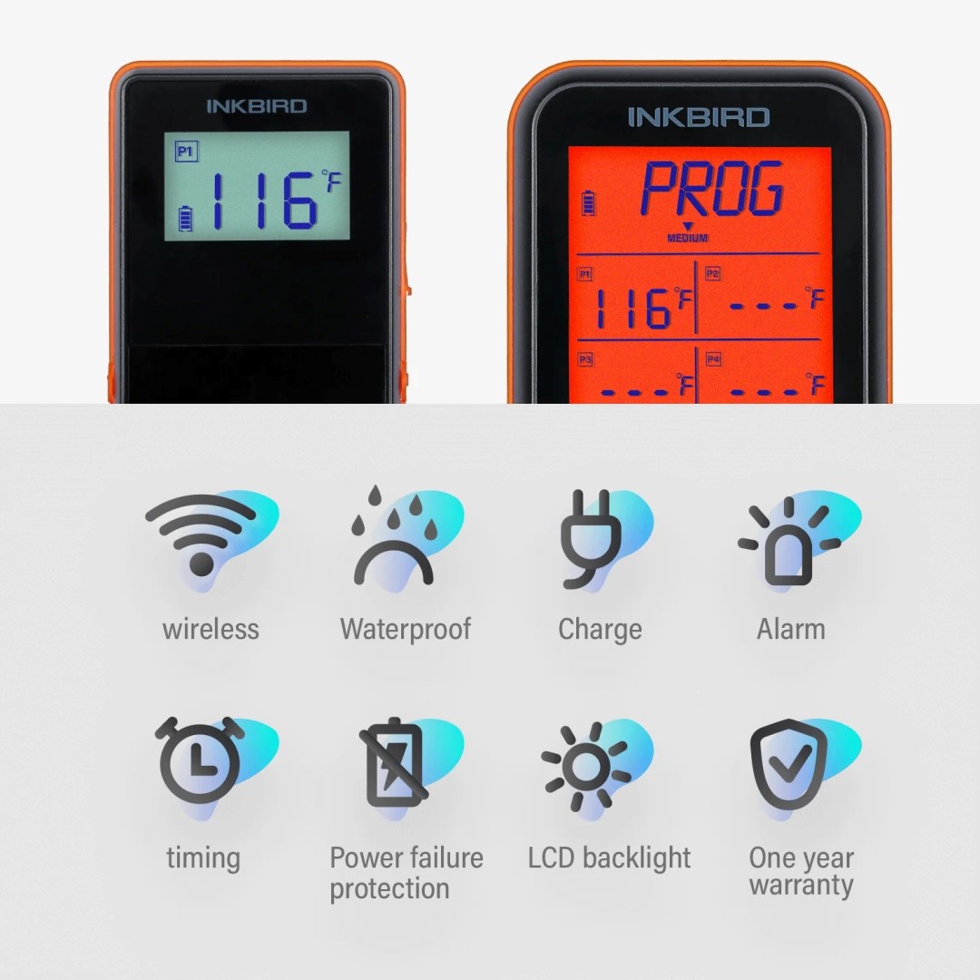 Digitální dálkový teploměr IRF-4S / 300m Inkbird + 2 sondy do udírny, grilu USB-C voděodolný