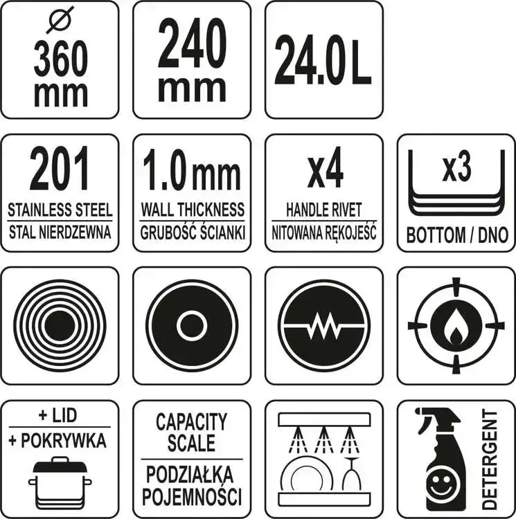 Yato Nerezový hrnec 24 l, 36x24cm, 1mm střední s poklicí YG-00049 gastro