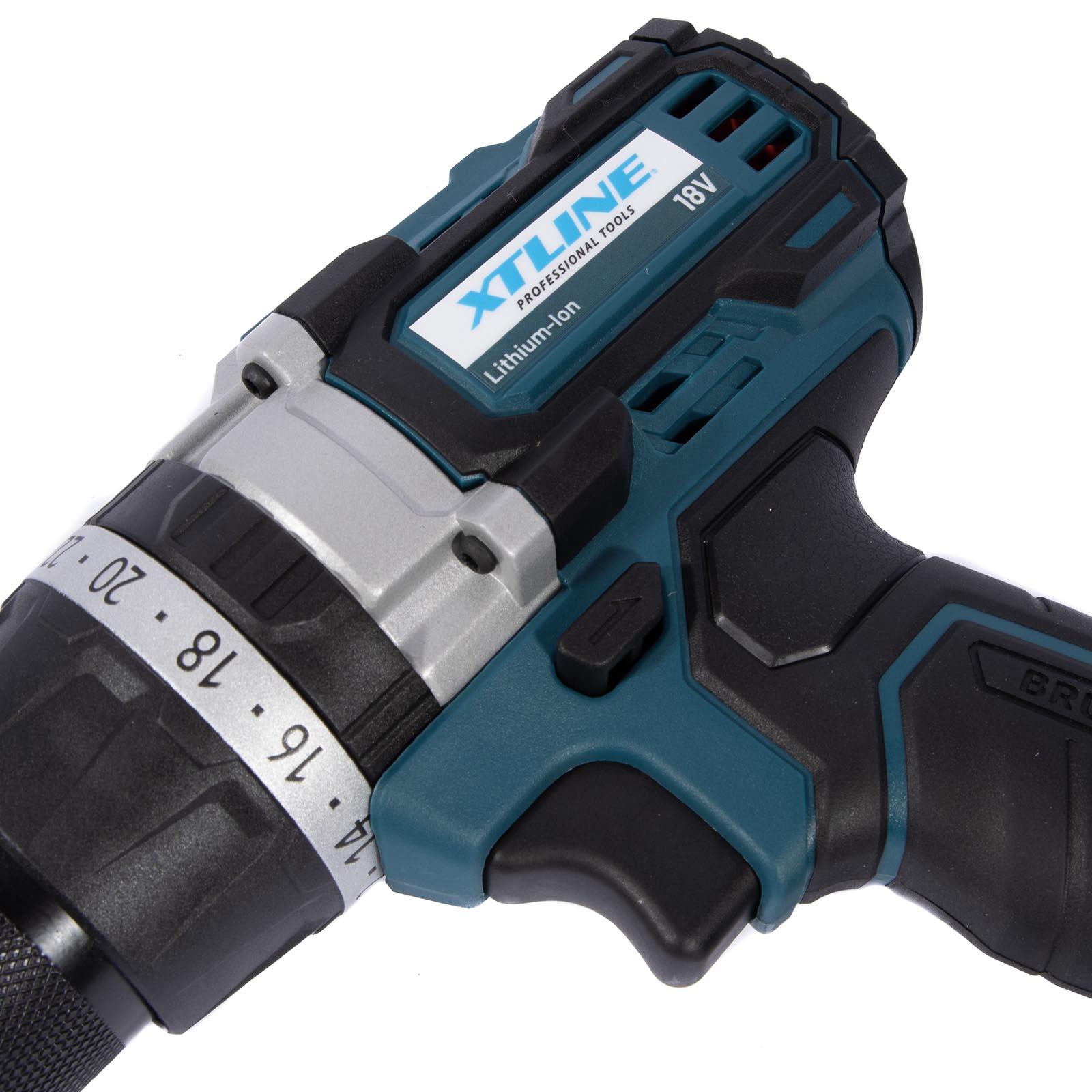 Set - Aku vrtačka s příklepem bezuhlíková 70 Nm, 18 V, baterie 2.0 Ah, nabíječka 2.4 A, box XTLINE XT102805-1B2B