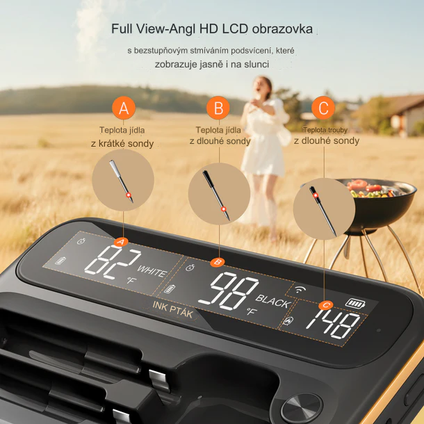 Inkbird bezdrátový teploměr WiFi & Bluetooth 100m BBQ, LCD displej INT-12-BW