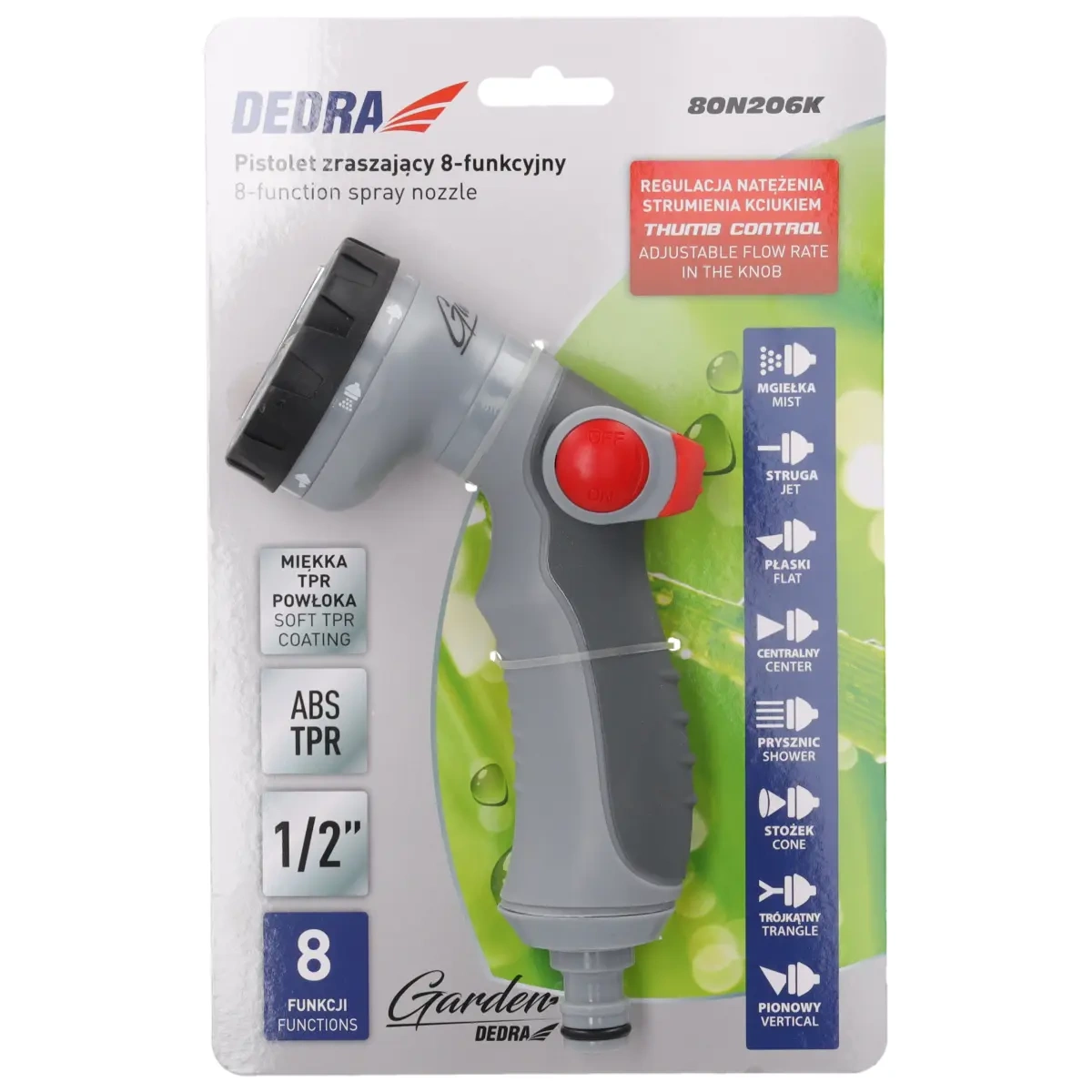 Dedra zavlažovací pistole 8-funkcí 80N206K 1/2" THUMB CONTROL, ovládání palcem