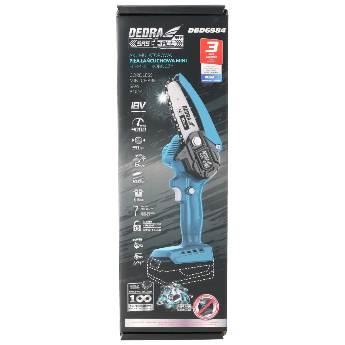 Dedra Mini Aku 18V řetězová pila 4" DED6984, 100 mm lišta, SAS+ALL na větve