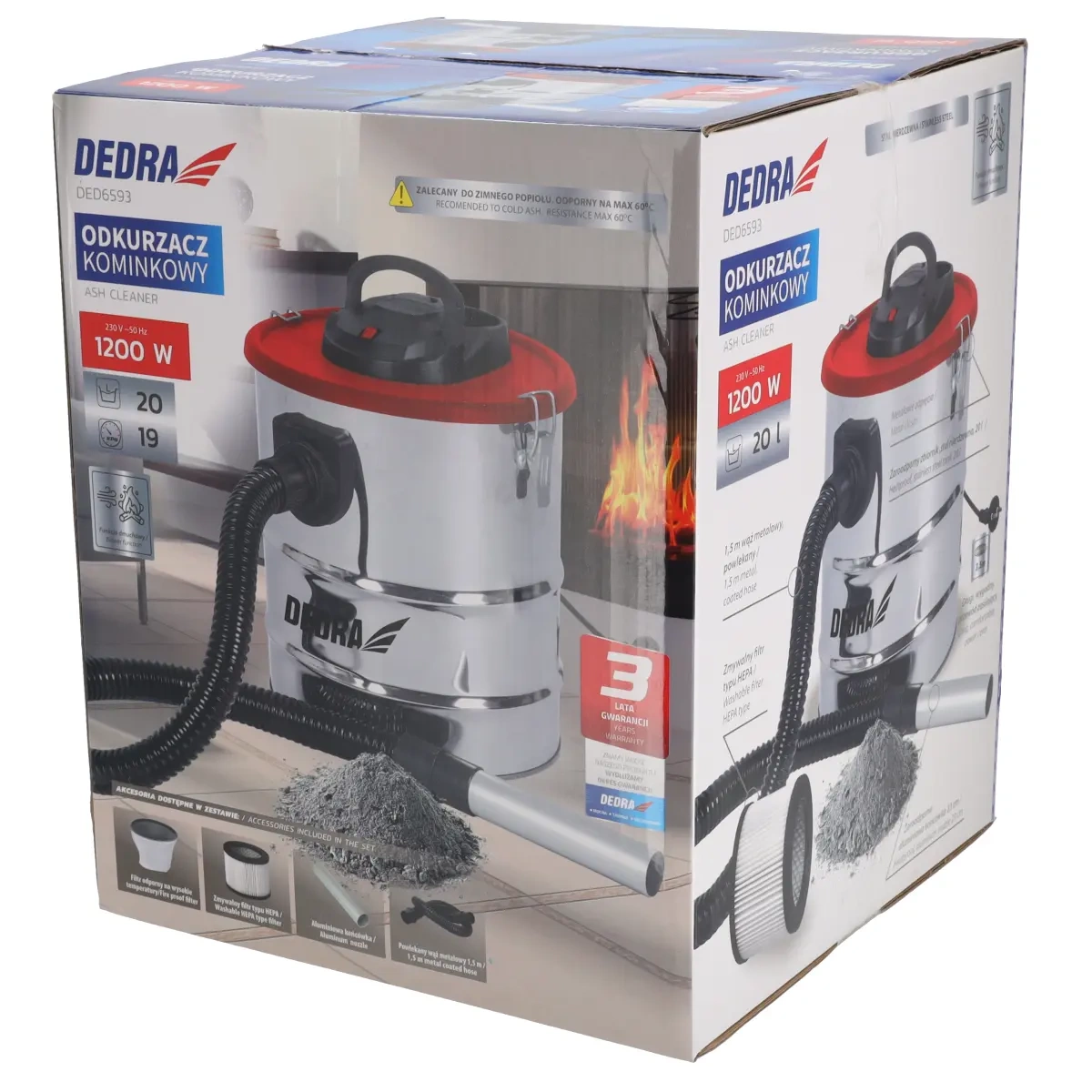 Dedra Krbový vysavač 1200W DED6593, nádrž 20 l na popel, nerezová nádoba