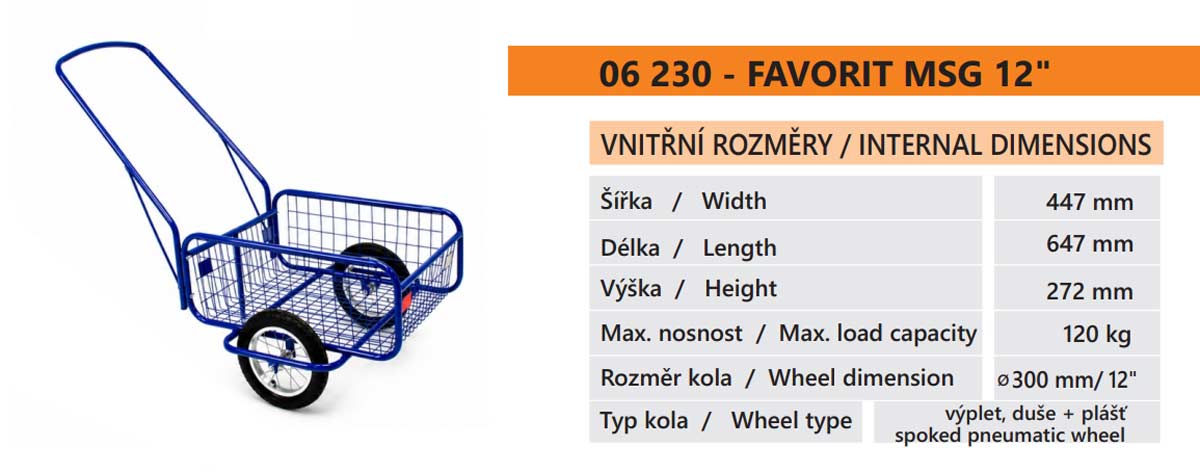 Dvoukolový vozík Massag FAVORIT MSG 12" do 120 kg, 45x65x27 cm, kárka 06-230