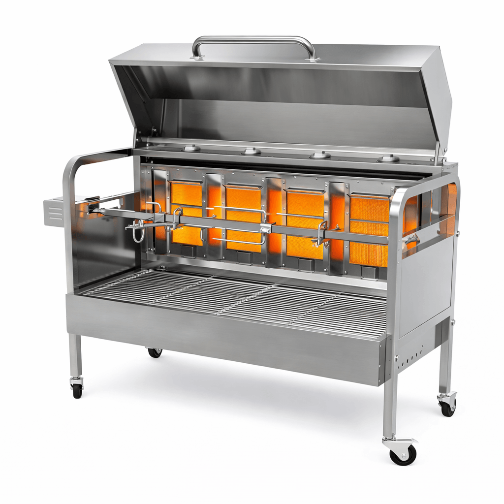 UG Grill plynový rožňový gril nerez – rotisserie na sele, kýtu i kuřata do 25 kg, DA-012 s víkem, 4 hořáky PB, 13,6 kW, 30mbar