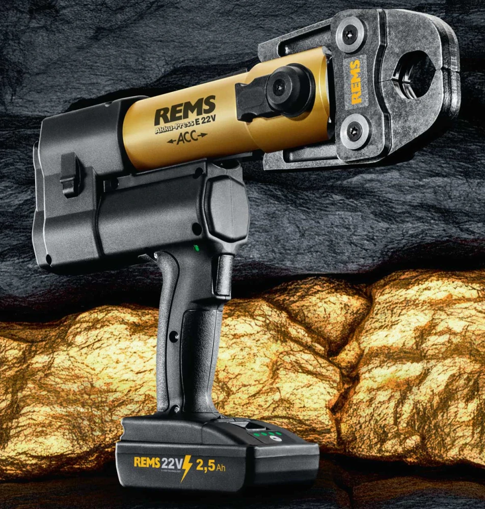 REMS Akku-Press E 22 V ACC Gold 2026 Aku lis na trubky 32kN, 576X19 + mikina, 2,5 Ah, nabíječka - limitovaná zlatá edice