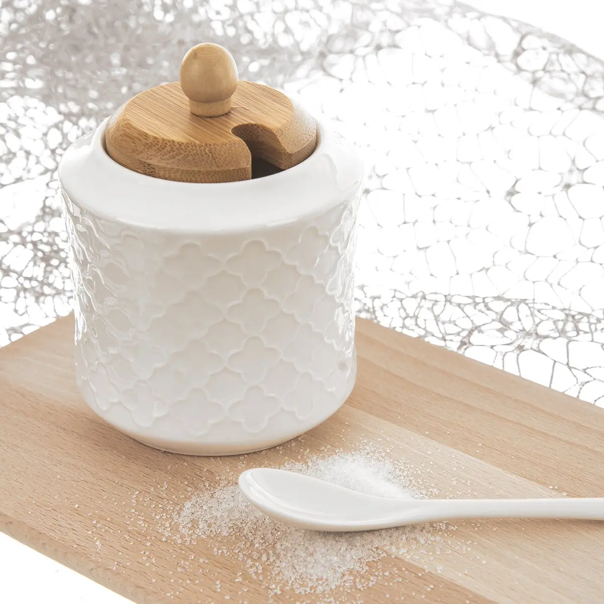 Orion porcelánová cukřenka se lžičkou Whiteline pr. 9 cm, 126715 + dřevěné víčko