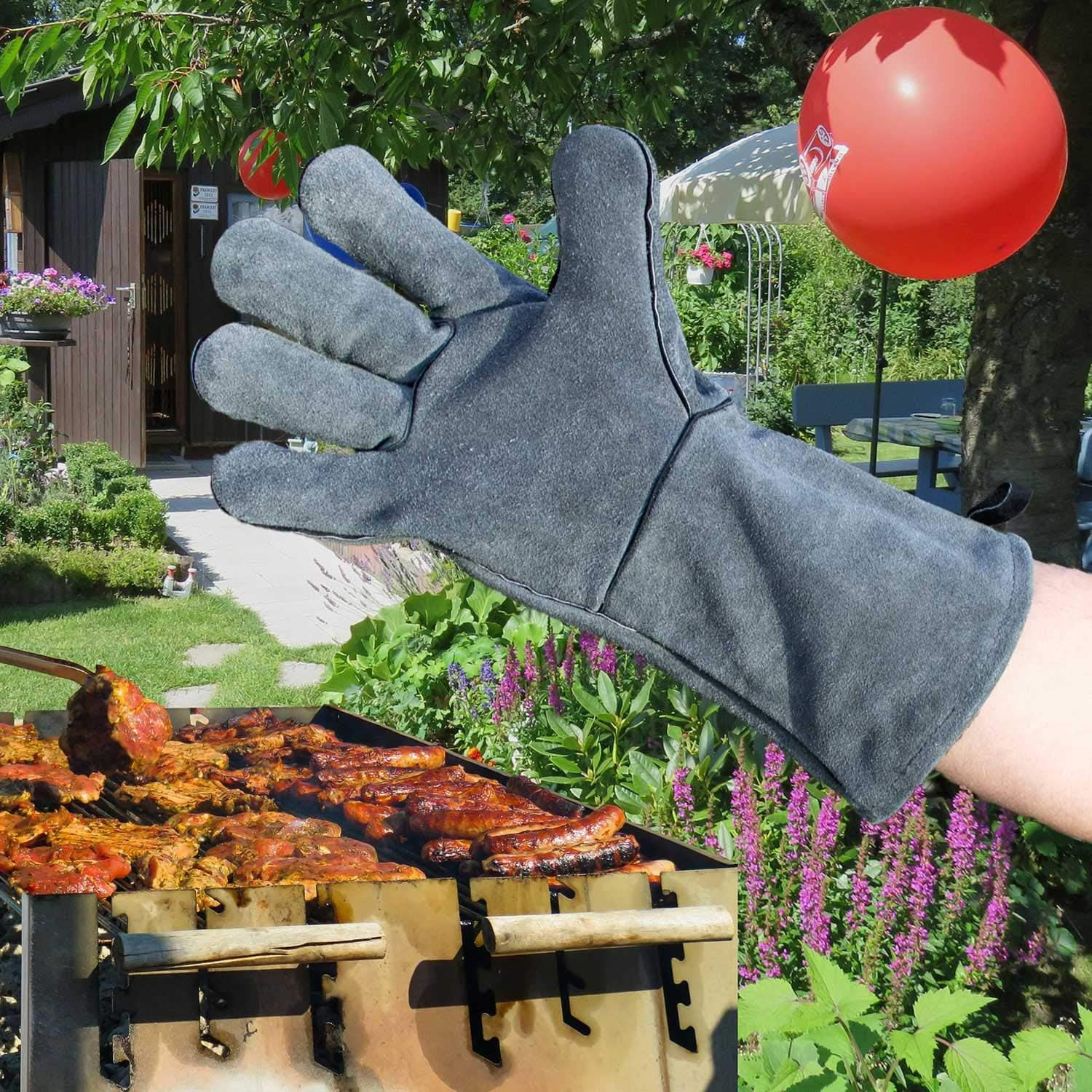 Kožené grilovací rukavice šedé vel. 10 BBQ - pár, Food & Best Friends 501736P10 kůže, 36 cm