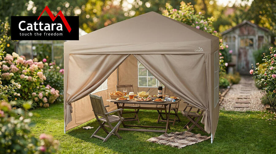 Párty stan nůžkový 3x3 m s bočnicemi Palace Cattara 13348, nepromokavý, béžový s okny