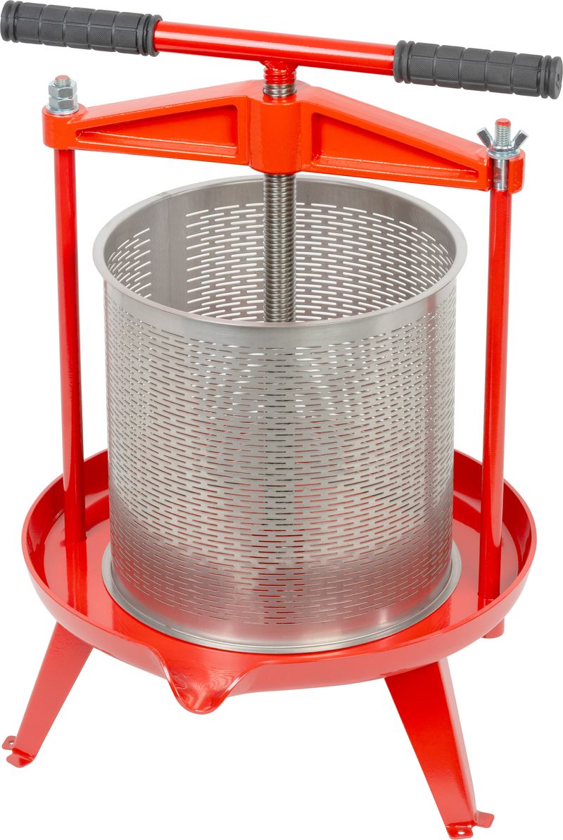 Strend Pro Mechanický kovový lis na ovoce a zeleninu s filtračním sáčkem (14 l), 234401 červený, nerezový válec