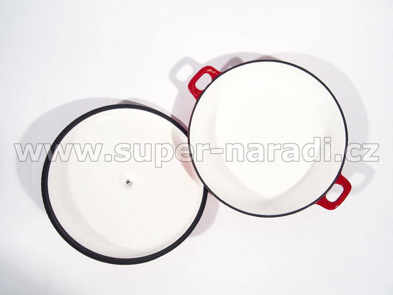 Smaltovaný litinový hrnec 32 cm, plochý, s pokličkou, červeno-bílý PWI 4522