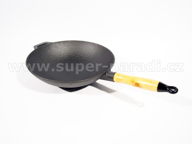 Litinová WOK pánev 30 cm, s dřevěnou rukojetí PWI 4531