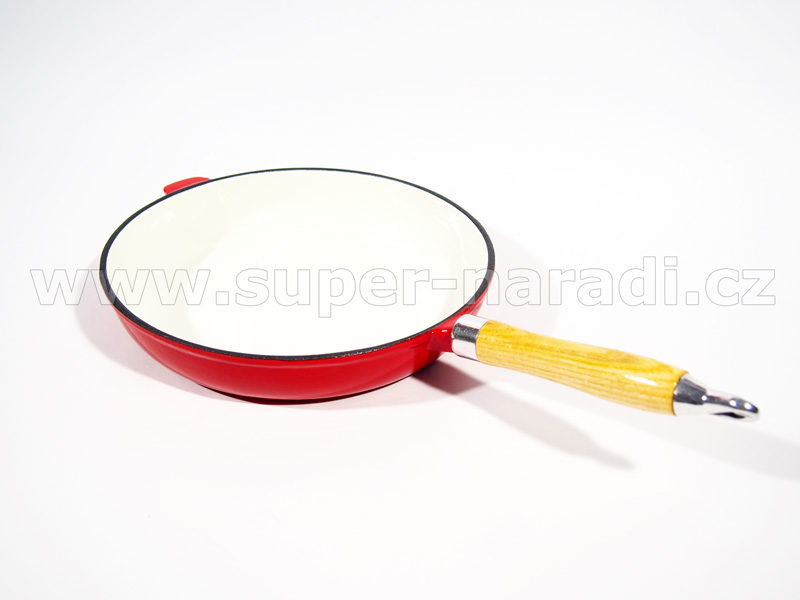 Litinová pánev 27 cm, smaltovaná, s dřevěnou rukojetí, červeno-bílá PWI 9736