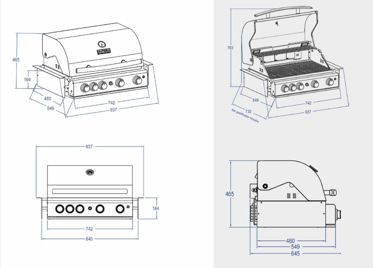 Plynový gril Top-Line Chef "L" 17,5 kW 4+1 vestavný ALL'GRILL 100929 nerezový, Airsystem, zadní hořák