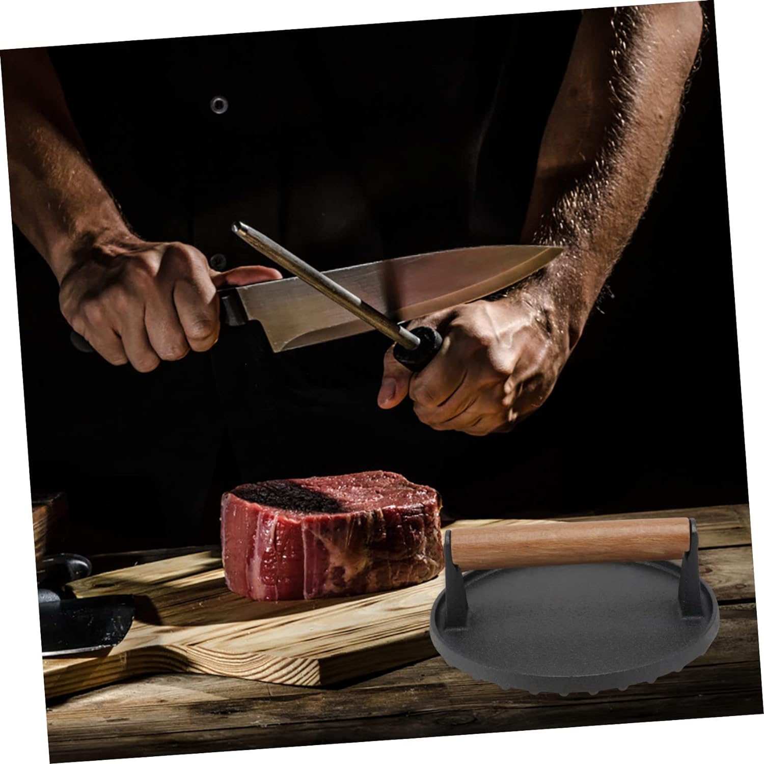 UG Grill Lis na hamburgery, 17 cm steak press DP-5953, litinový, dřevěné madlo 