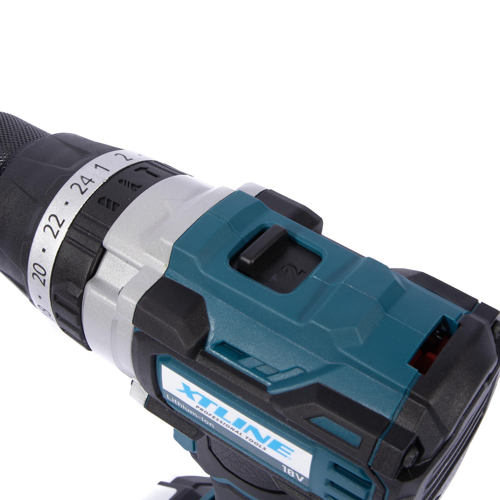 Set - Aku vrtačka s příklepem bezuhlíková 70 Nm, 18 V, baterie 2.0 Ah, nabíječka 2.4 A, box XTLINE XT102805-1B2B