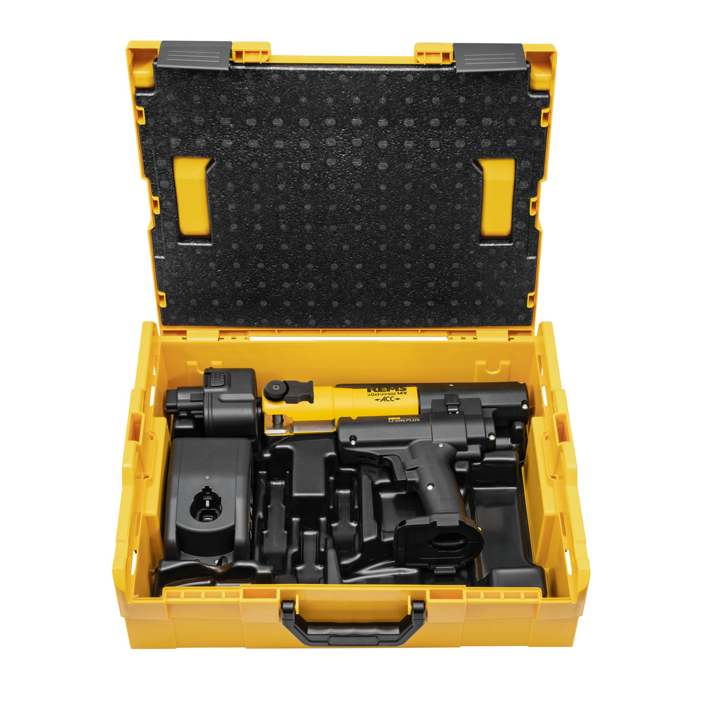 REMS Mini-Press 14,4V, 22 kN ACC 578013, lisovací stroj na trubky + kufr L-Boxx, Aku 2,5 Ah, nabíječka Basic-Pack
