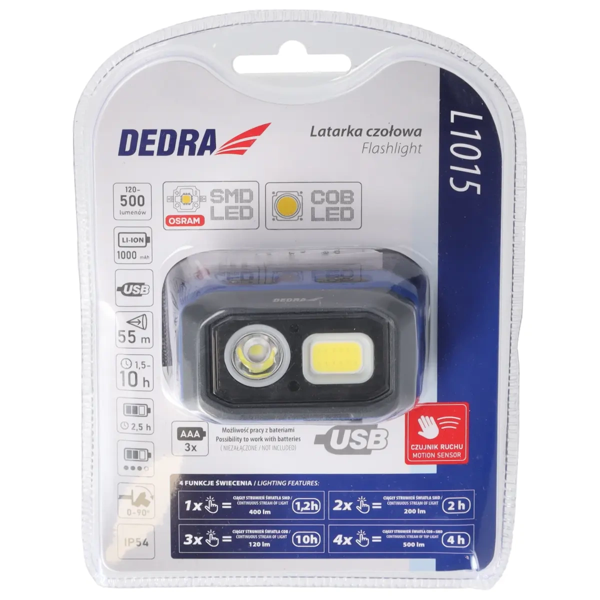Dedra Čelová svítilna 500 lm SMD+COB LED, 1000mAh Li-ION, 3xAAA L1015, čelovka sklopná, 55m, IP54, USB-C, senzor pohybu