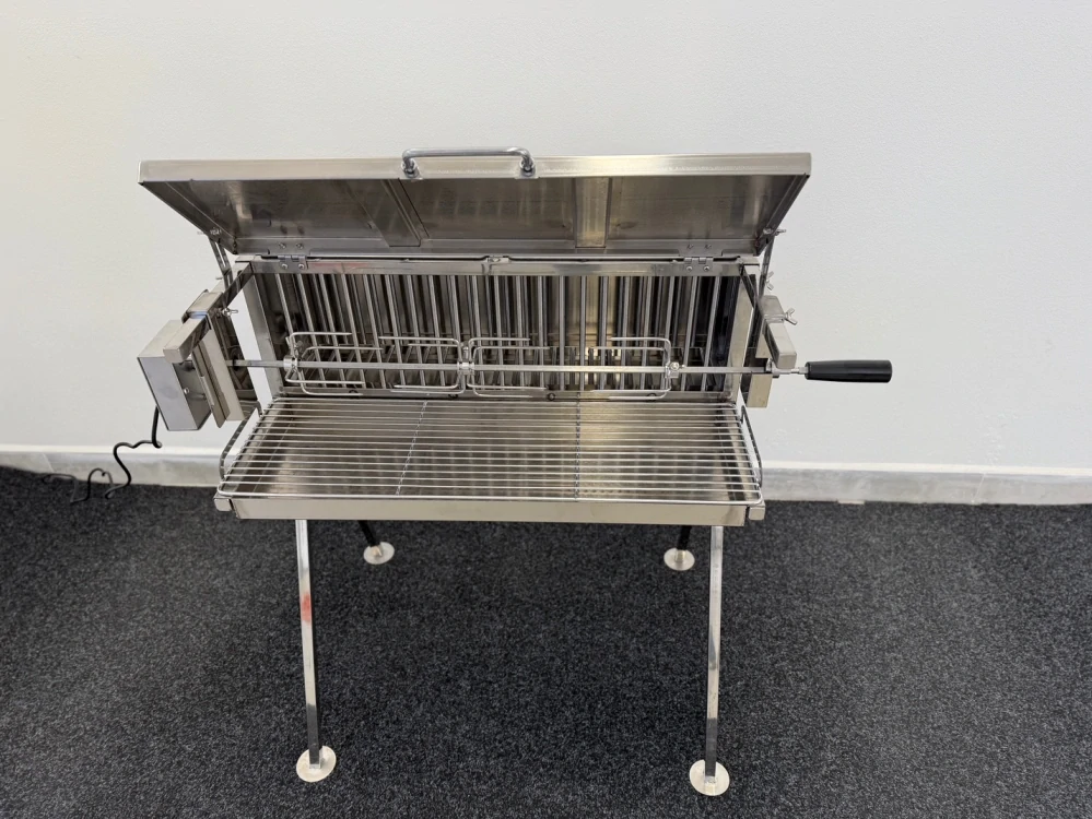 Nerezový gril na kuře, kýtu a pečeni S70 / 1x Rotisserie UG Grill s bočním topeništěm, 70 cm se stříškou