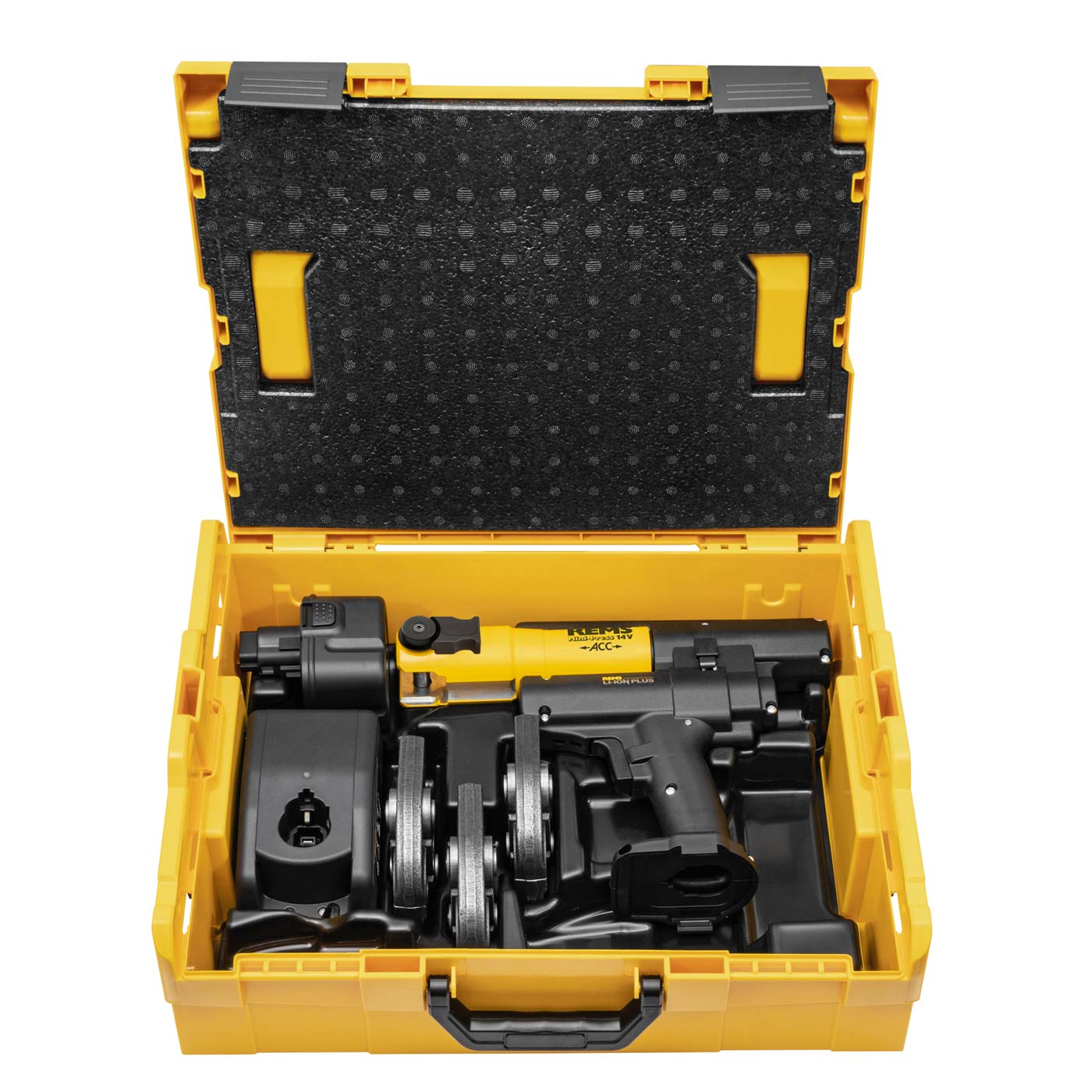 REMS Mini-Press 14,4V 22kN ACC 578019, lisovačka na trubky SET 3 čelisti TH 16+20+26 L-Boxx + Aku 2,5Ah, nabíječka