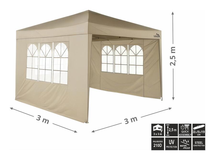 Párty stan nůžkový 3x3 m s bočnicemi Palace Cattara 13348, nepromokavý, béžový s okny