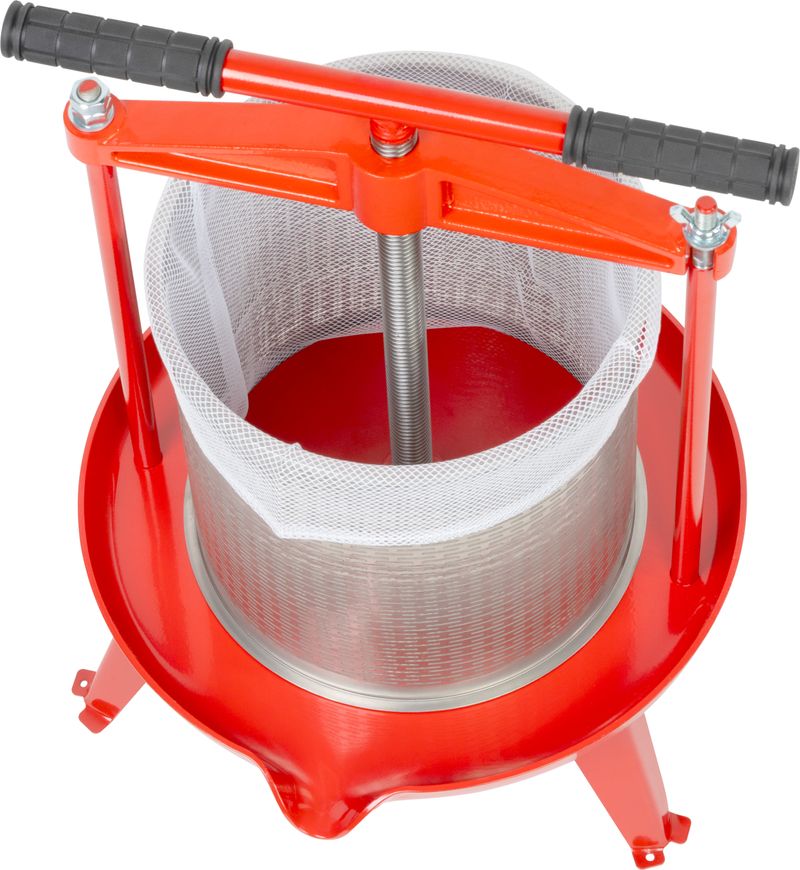 Strend Pro Mechanický kovový lis na ovoce a zeleninu s filtračním sáčkem (14 l), 234401 červený, nerezový válec
