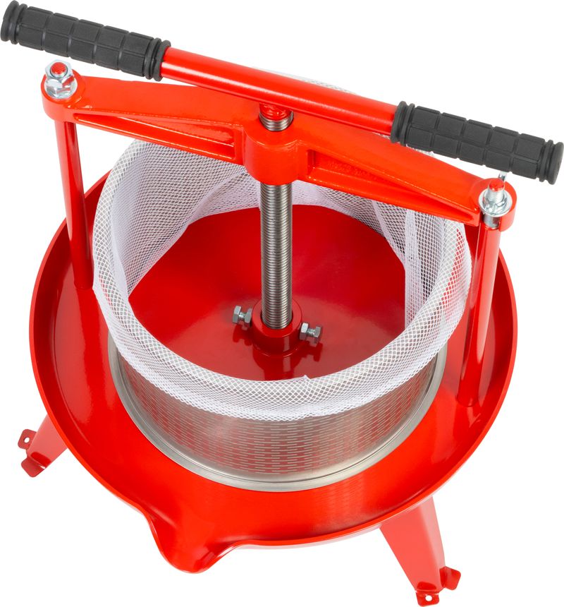 Strend Pro Mechanický kovový lis na ovoce a zeleninu s filtračním sáčkem (9 l), 234400 červený, nerezový válec