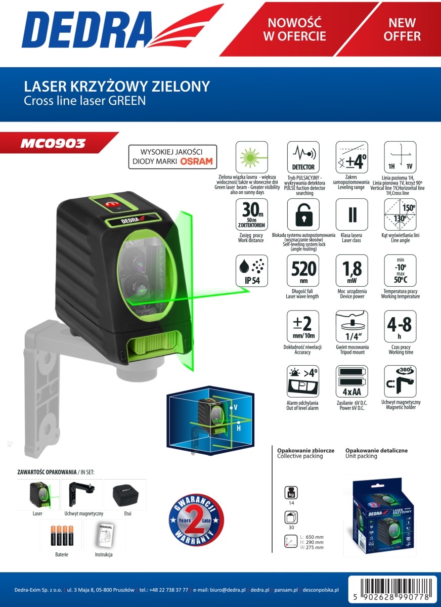 Dedra MC0903 Křížový laser zelený 520 Nm, OSRAM diody