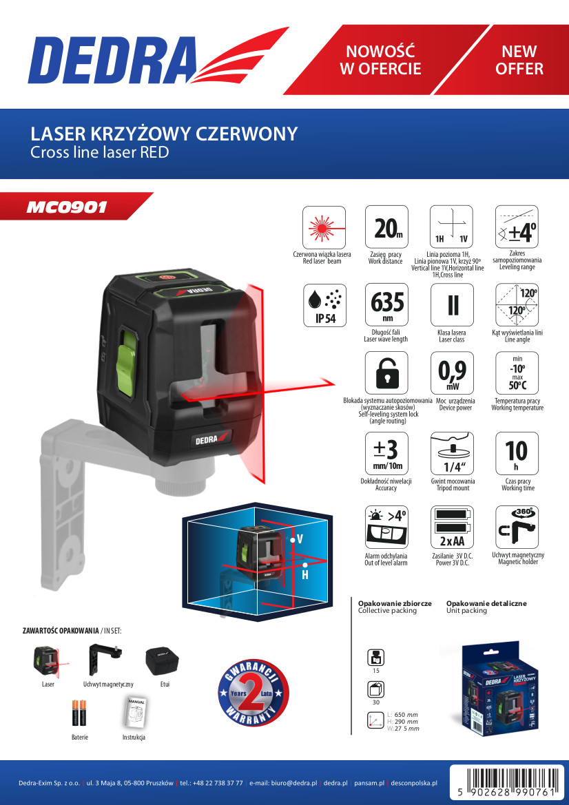 Dedra MC0901 Křížový laser červený, 635 Nm