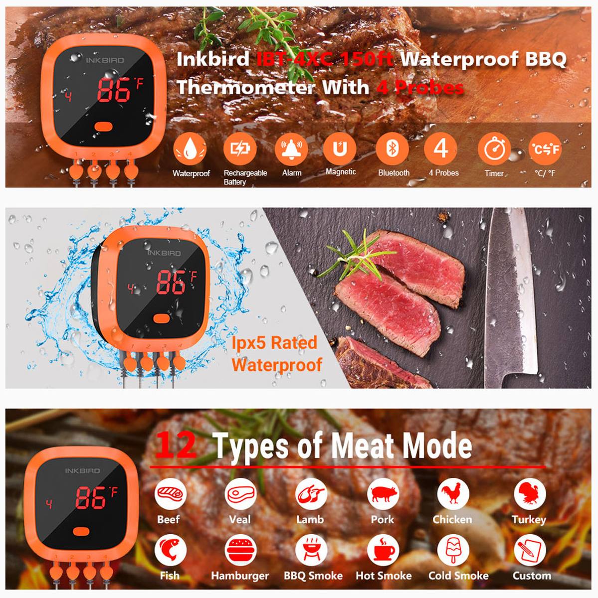 Teploměr na maso Inkbird IBT-4XC + 4 sondy, Bluetooth, voděodolný