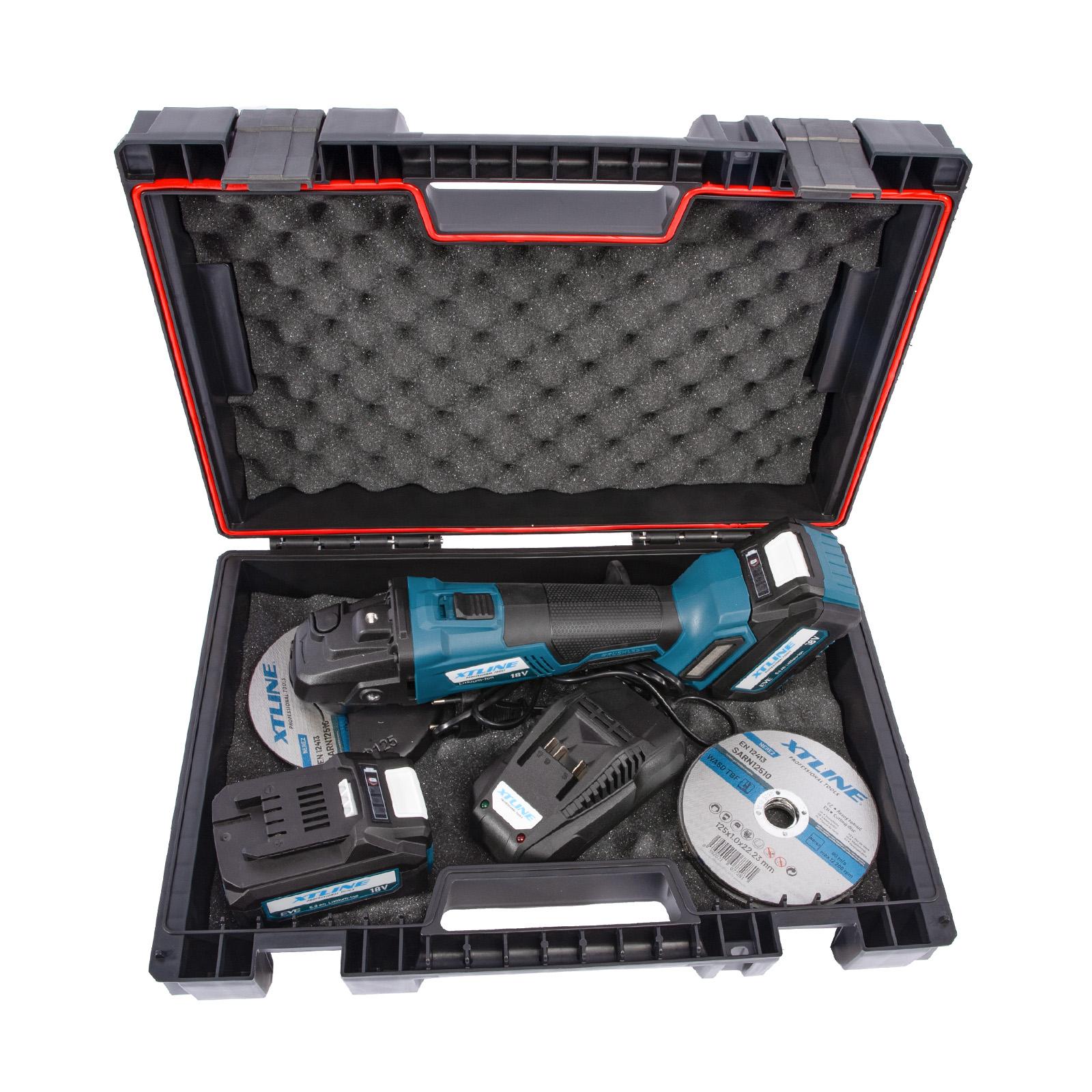 Set - Aku úhlová bruska bezuhlíková 18 V, 125 mm, 2x baterie 5.0 Ah, nabíječka 3.5 A, box XTLINE XT102835-2B5B