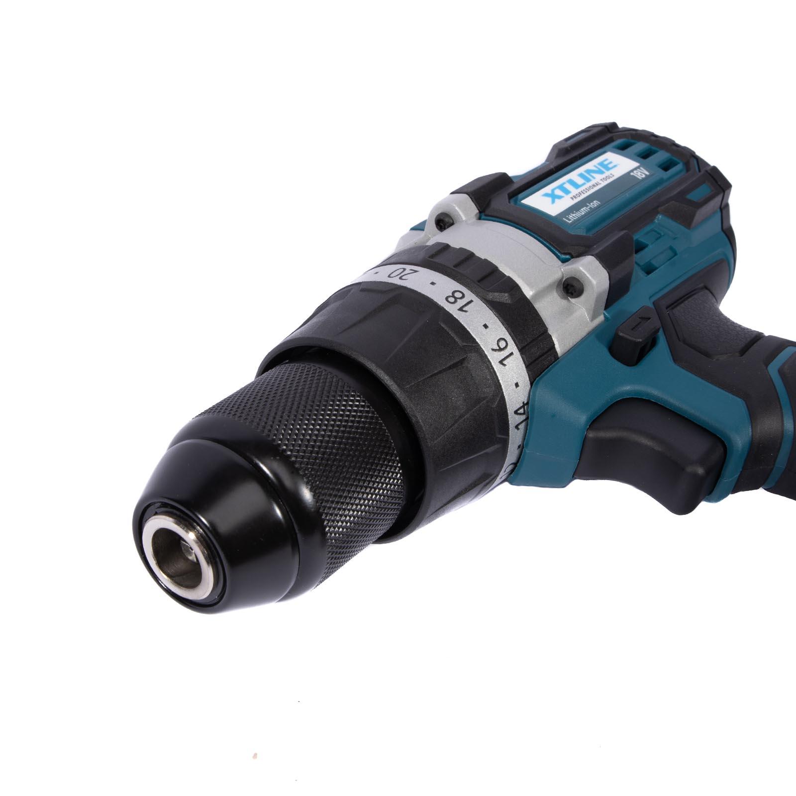 Set - Aku vrtačka s příklepem bezuhlíková 70 Nm, 18 V, baterie 2.0 Ah, nabíječka 2.4 A, box XTLINE XT102805-1B2B
