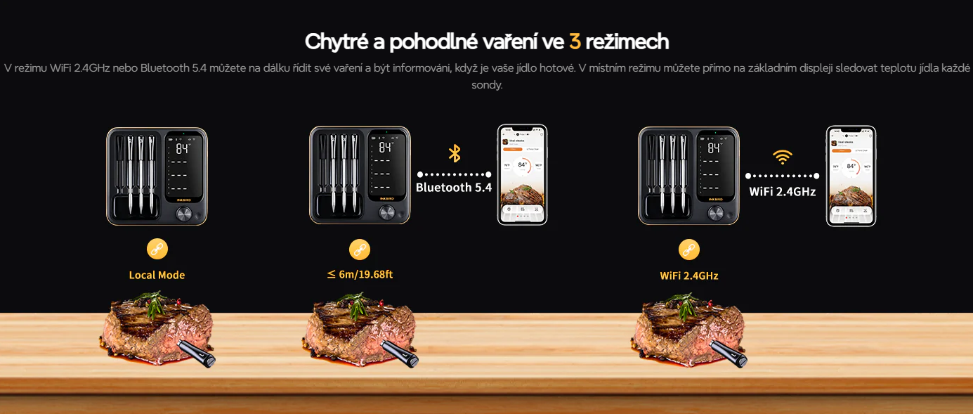 Bezdrátový WiFi & Bluetooth teploměr BBQ do 100m, LCD displej, 4 sondy Inkbird INT-14-BW