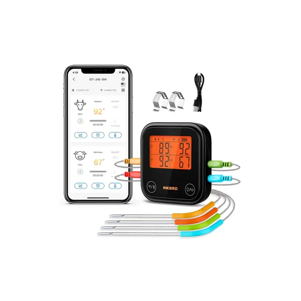 Grilovací teploměr WiFi & Bluetooth, 4 sondy Inkbird IDT-34E-BW