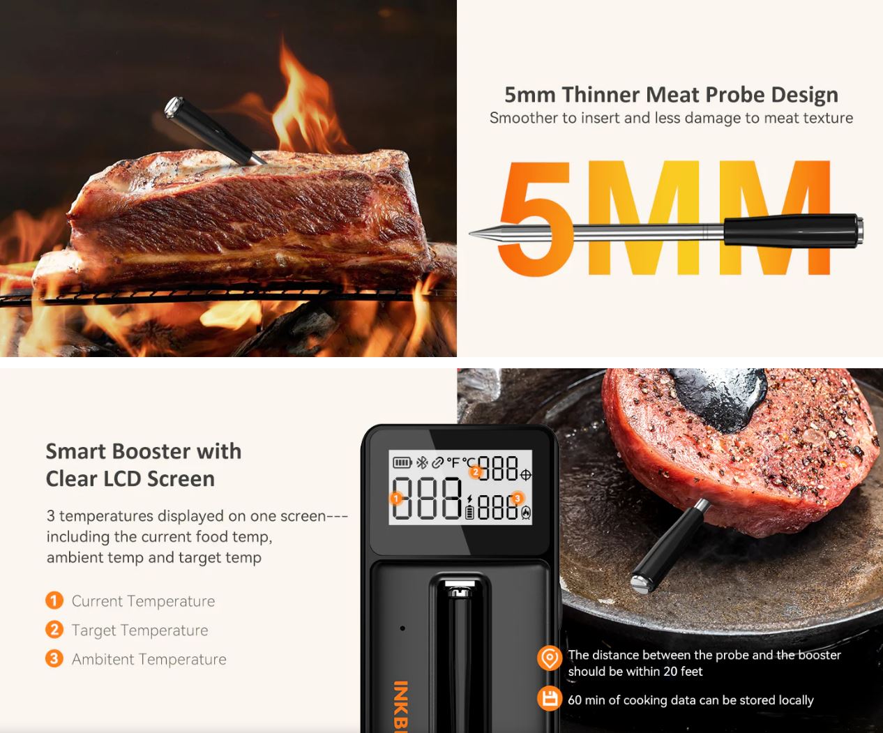 Inkbird BBQ bezdrátový Bluetooth 5.4, do 100m teploměr INT-21-B, vpichovací 2025