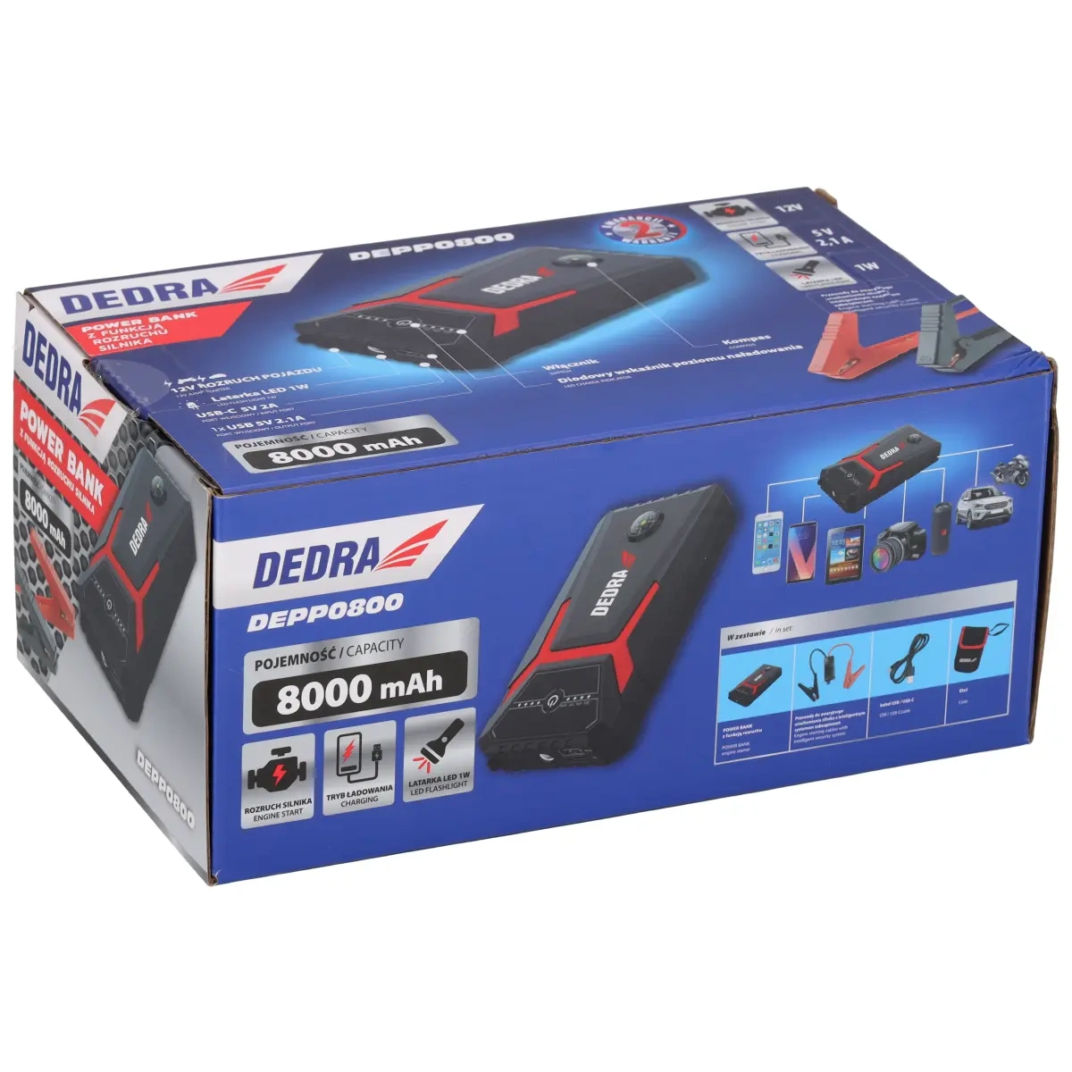Dedra Powerbanka 8000mAh Li-Ion DEPP0800, s funkcí spouštění motoru, USB-C, svítilna, kompas