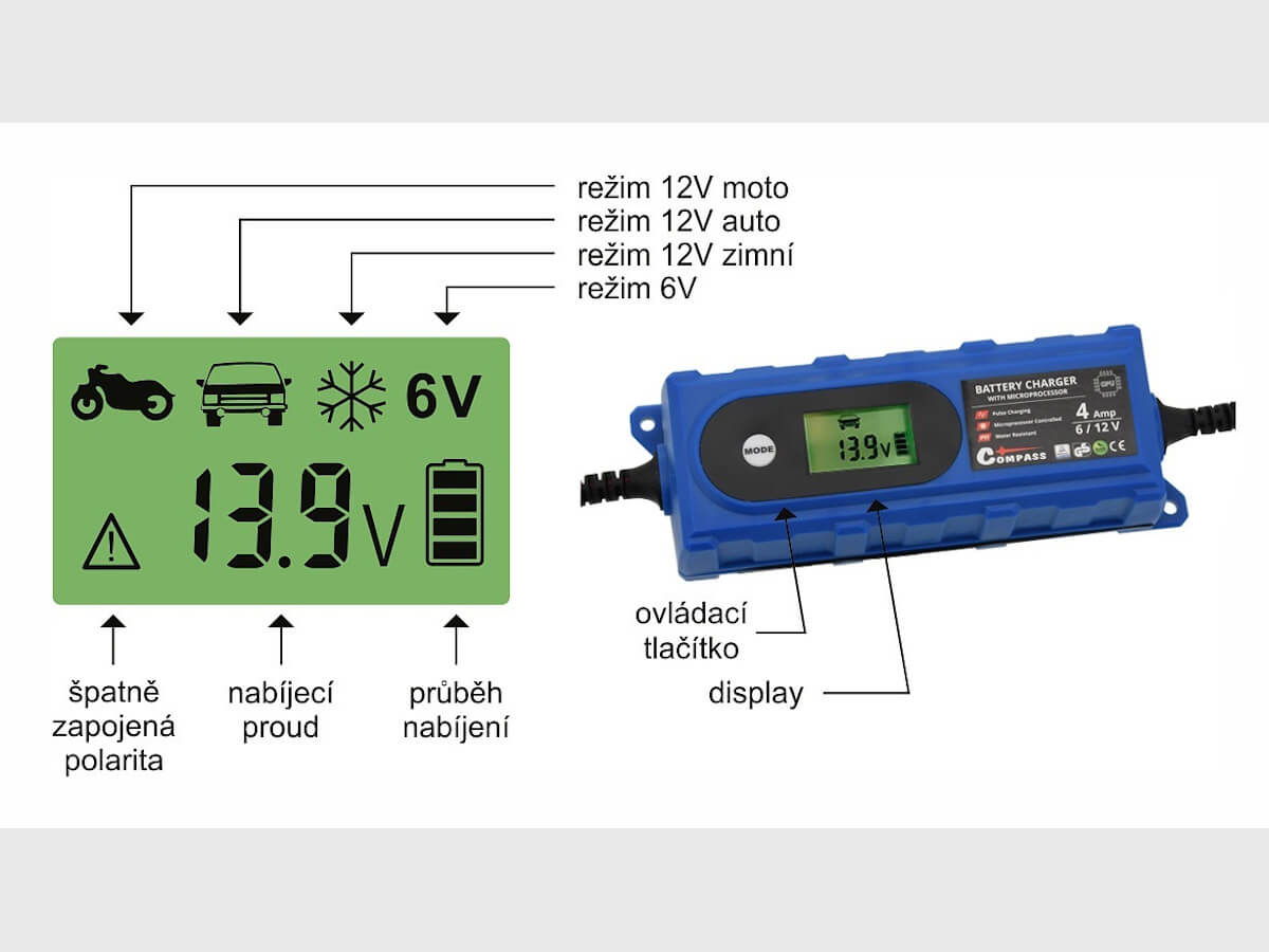 Compass Nabíječka mikroprocesor 3,8Amp 6/12V PB/GEL LCD display, 07146
